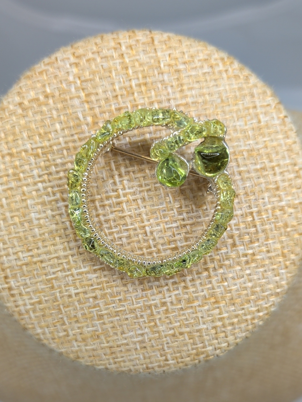 Peridot Green Crystal Circle Vintage Brooch